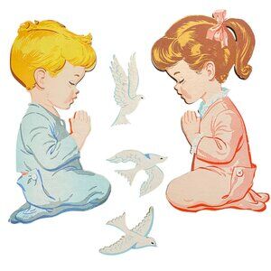Dolly Toy Co praying boy girl nursery wall decor pressed cardbaord 1950s